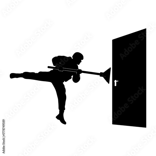Silhouette person kicking door with plunger vector