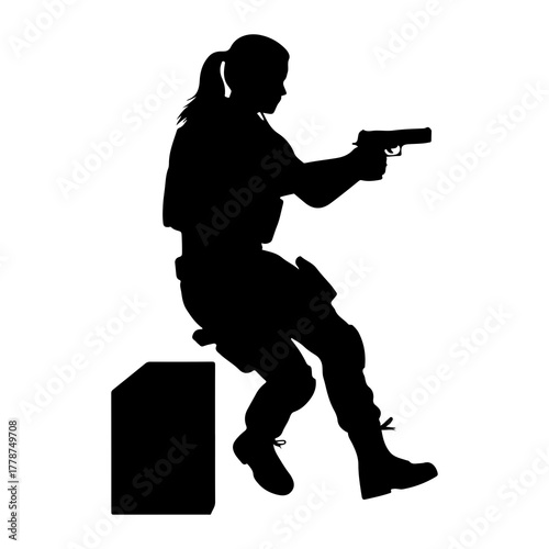 Silhouette woman aiming handgun sitting
