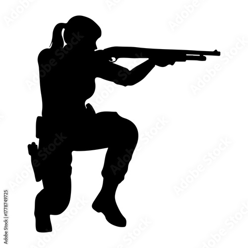 Silhouette woman aiming shotgun weapon