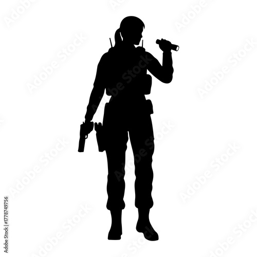 Silhouette woman holding flashlight and pistol female