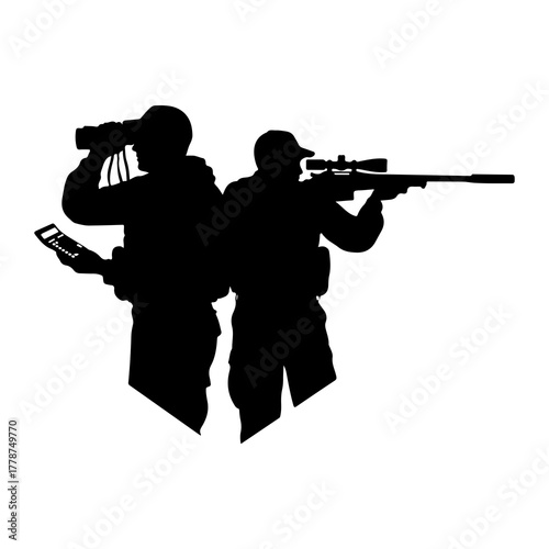 Silhouetted soldiers aiming binoculars and rifle military
