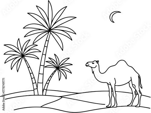 Simple Black and White Line Art Illustration of a Camel and Palm Trees in a Desert Landscape, Isolated Vector Icon