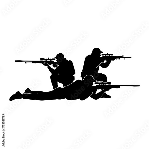 Silhouettes of soldiers aiming rifles tactical