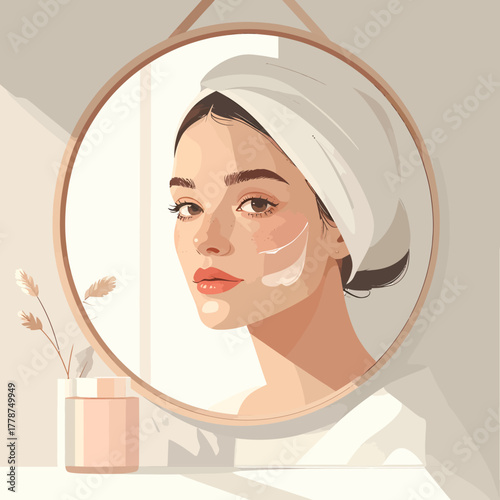 Young woman with towel on head applying face cream, looking in mirror, beauty routine illustration.