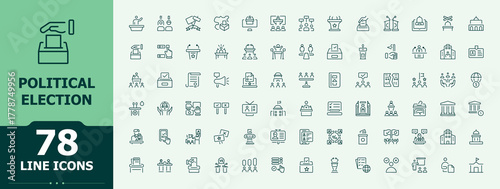 Political line icon set. Includes thin line symbols democrat, government, governance, democracy, political. Activism icon set in linear style. Minimalist icons pack. Editable vector. Pixel perfect.