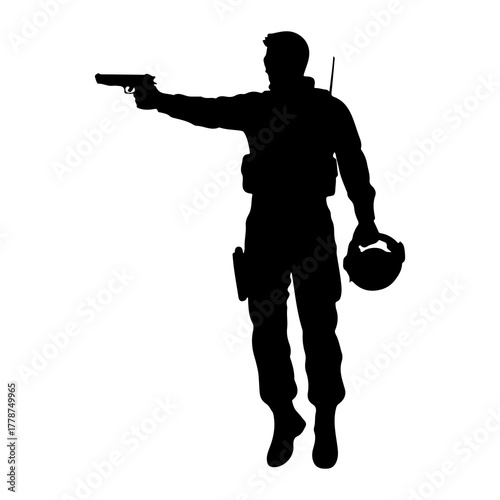 Soldier aiming handgun holding helmet military pistol