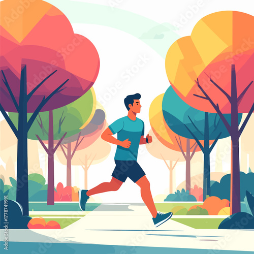 Athletic Man Jogging Through Colorful Autumn Park Trees.