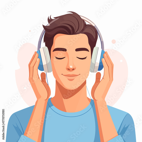 Man with Headphones - Eyes Closed, Enjoying Music, Light Blue Shirt, Relaxed Expression.