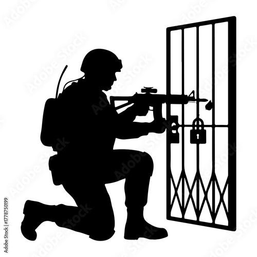 Soldier aiming rifle at locked gate military weapon
