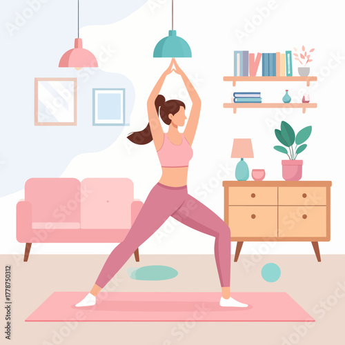 Young woman in pink activewear performing a warrior yoga pose with arms raised.