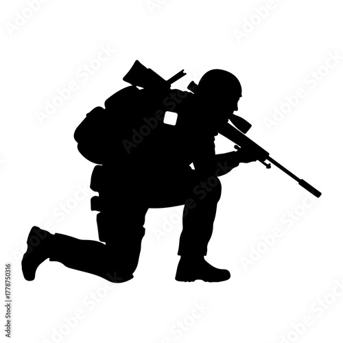 Soldier aiming rifle kneeling military sniper