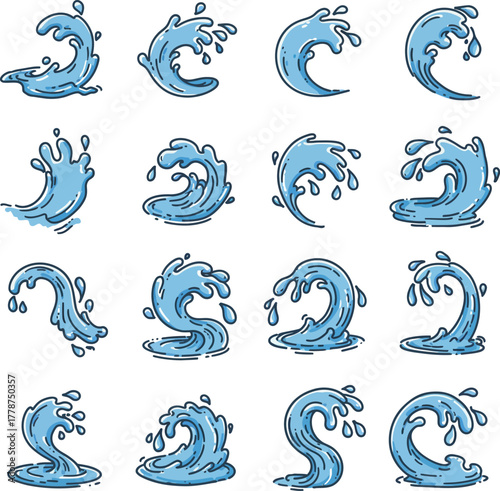 Water splashes logo, flowing liquid motion curves stripes swirls silhouettes set vector illustration, Wave logotypes