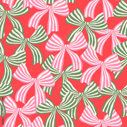 Hand drawn seamless pattern of Merry Christmas and Happy New Year. Vintage concept background with gift bow. Colorful modern design for print, poster, banner, wrapping paper, wallpaper, packaging