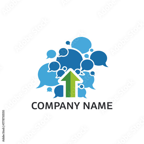 Communication Growth Logo with Upward Arrow and Speech Bubbles.