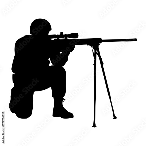Soldier aiming sniper rifle on bipod weapon