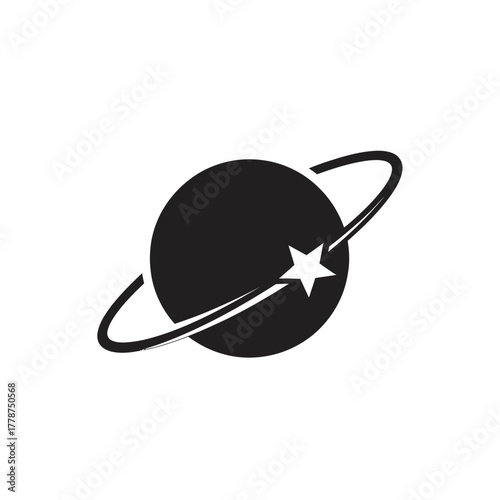 Black planet with star and rings, space illustration, cosmic design, celestial body.