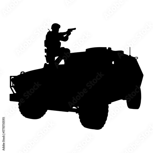 Soldier aiming weapon atop armored vehicle vector