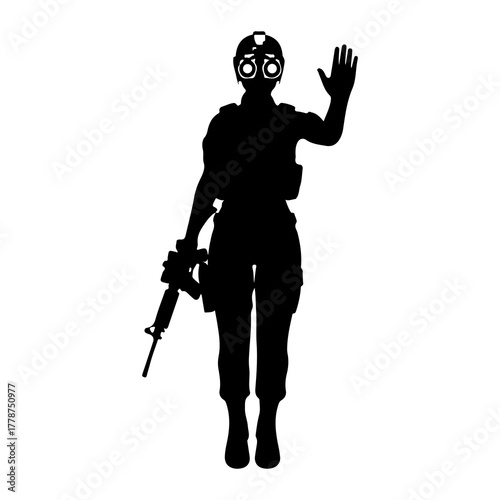 Soldier holding rifle waving hello silhouette