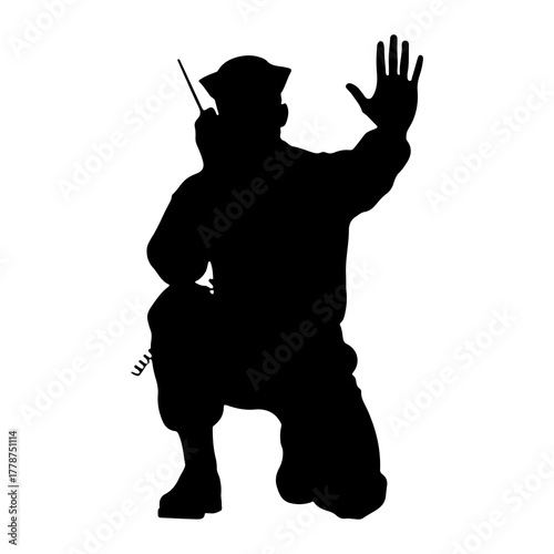 Soldier kneeling holding radio waving hand silhouette