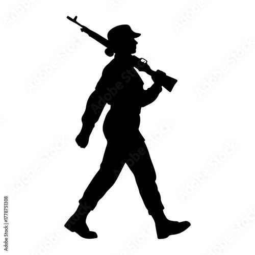 Soldier marching with rifle silhouette military