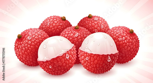 Realistic illustration of lychee fruits with peeled and unpeeled pieces, detailed texture and water drops on a white background.