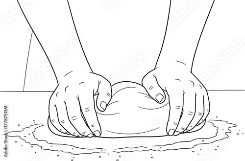 Hands Kneading Dough Line Art Illustration. Black and White Outline Drawing for Baking and Food Preparation.