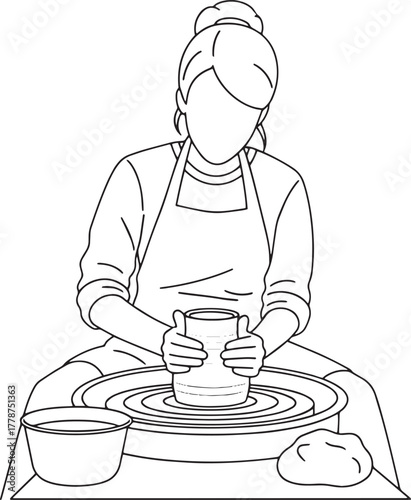 Woman Making Pottery on Potter's Wheel Outline Vector Illustration