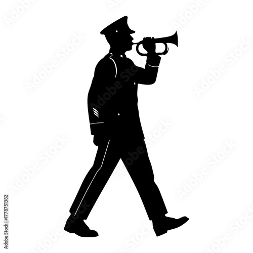 Soldier playing bugle marching military uniform