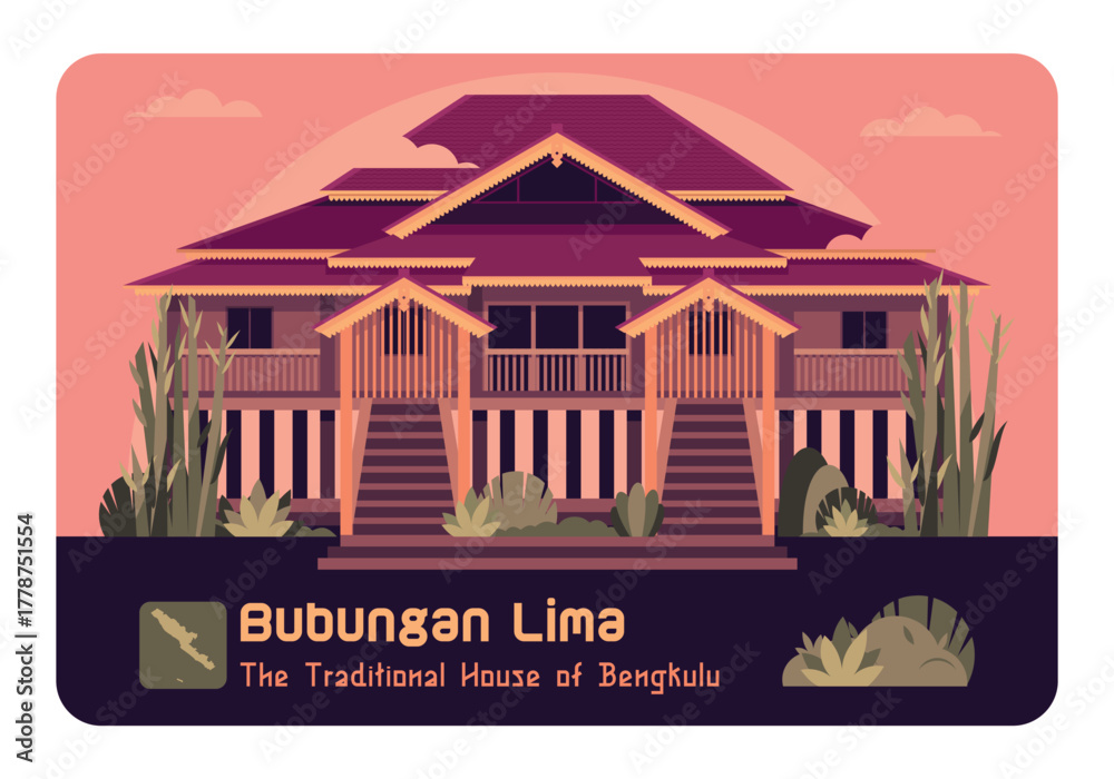 Fototapeta premium Rumah Adat Bubungan Lima - The Traditional House of Bengkulu - Indonesian Traditional House