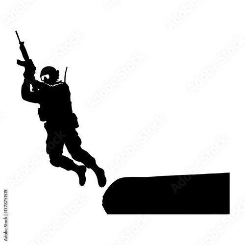 Soldier rappelling with rifle military action