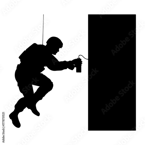 Soldier rappelling with device military action