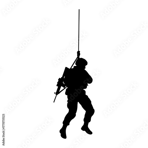 Soldier rappelling with rifle military descending