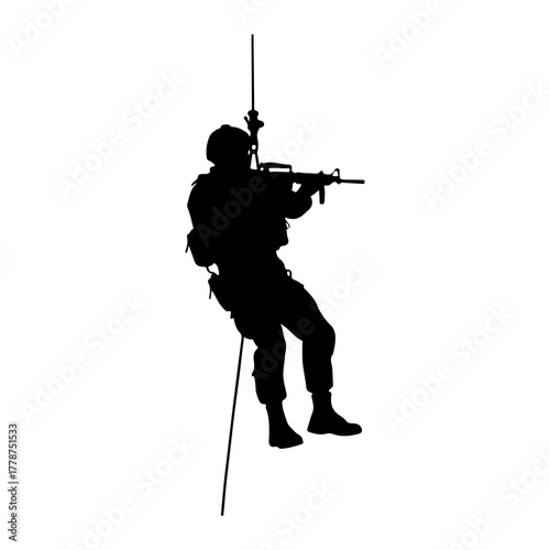 Soldier rappelling with rifle military weapon