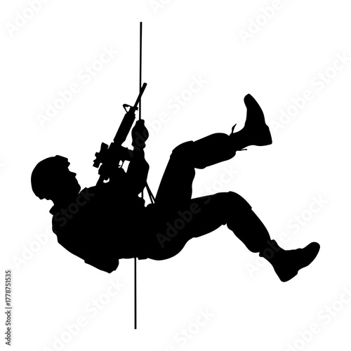 Soldier rappelling with rifle military rope