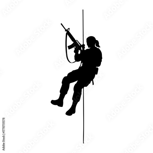 Soldier rappelling with rifle silhouette woman