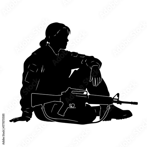 Soldier resting with rifle female military