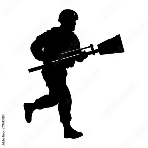 Soldier running with equipment military helmet