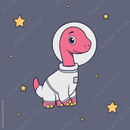 Cute Pink Dinosaur Astronaut Standing in Space Cartoon Vector