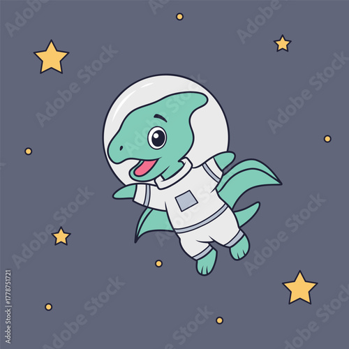 Cute Green Dinosaur Astronaut Flying in Space Cartoon Vector