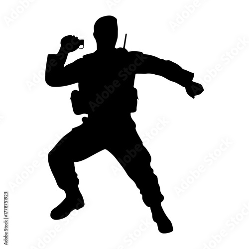 Soldier throwing grenade silhouette military action