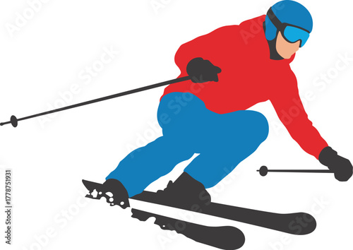 A skier in a red jacket and blue pants skiing down a slope