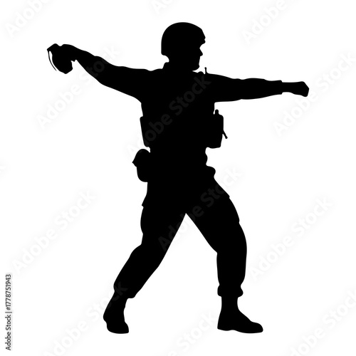 Soldier throwing grenade silhouette military