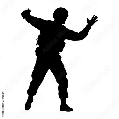 Soldier throwing grenade silhouette military uniform