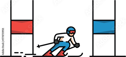 A skier in a race, navigating between red and blue gates on a snowy course