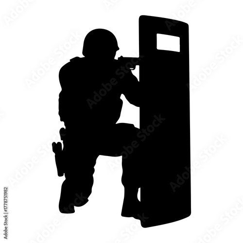 Soldier with ballistic shield and weapon tactical firearm