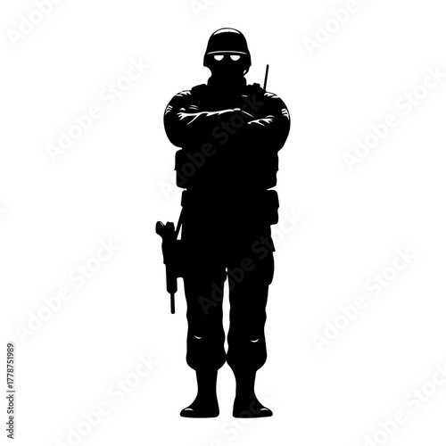Soldier with crossed arms and weapon military silhouette