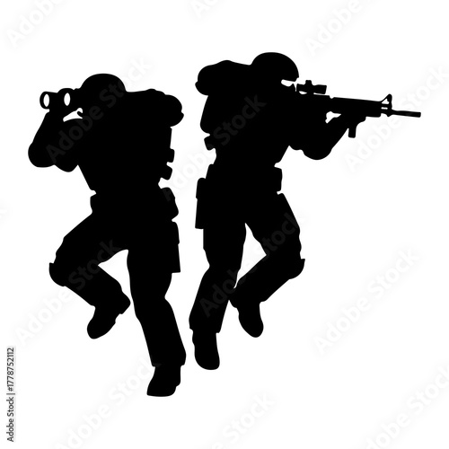 Soldiers aiming with rifle and binoculars military