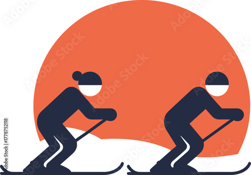 Two skiers silhouetted against a large orange sun, minimalist design