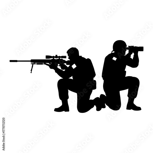 Soldiers aiming sniper rifle binoculars silhouette
