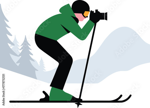 A skier in a green jacket and black pants, wearing a helmet and goggles, holding a camera and ski poles, skiing down a snowy slope with trees